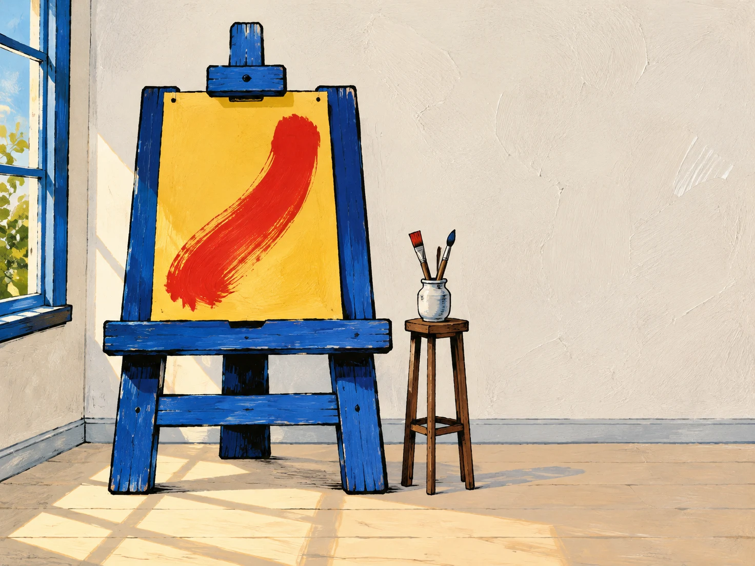 A chunky cobalt-blue easel holding a yellow sheet with a sweeping red stroke stands beside a tall narrow wooden stool topped with a jar and two brushes.