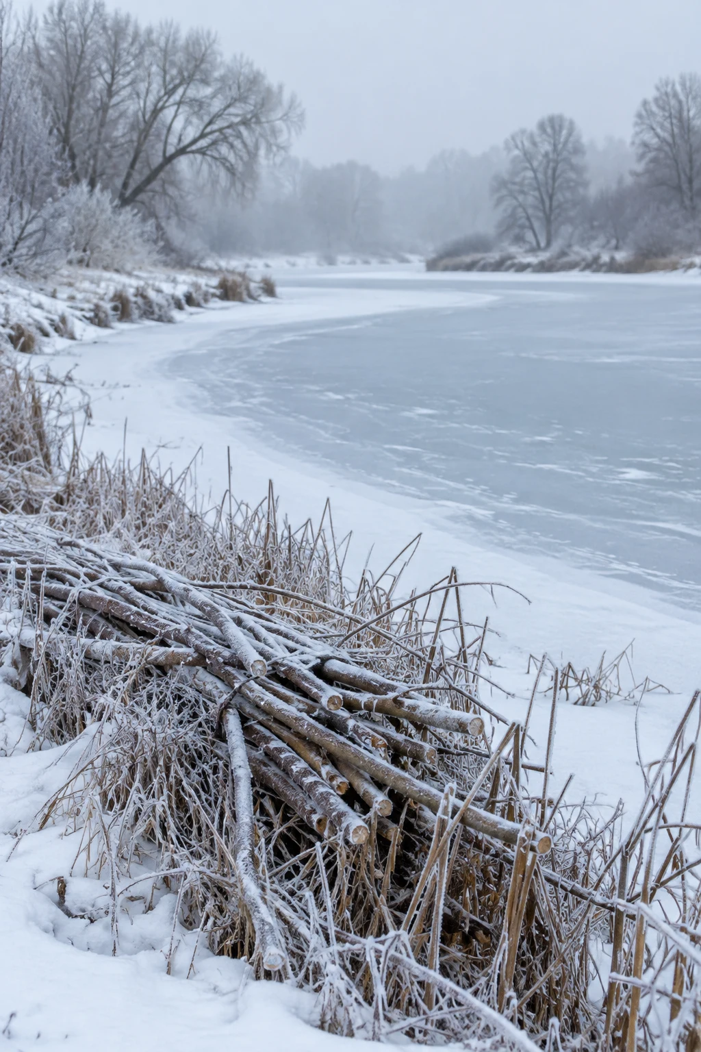 A pale blue-white frozen waterway curves across a snowy floodplain, with bare trees fading into mist beyond the bank.