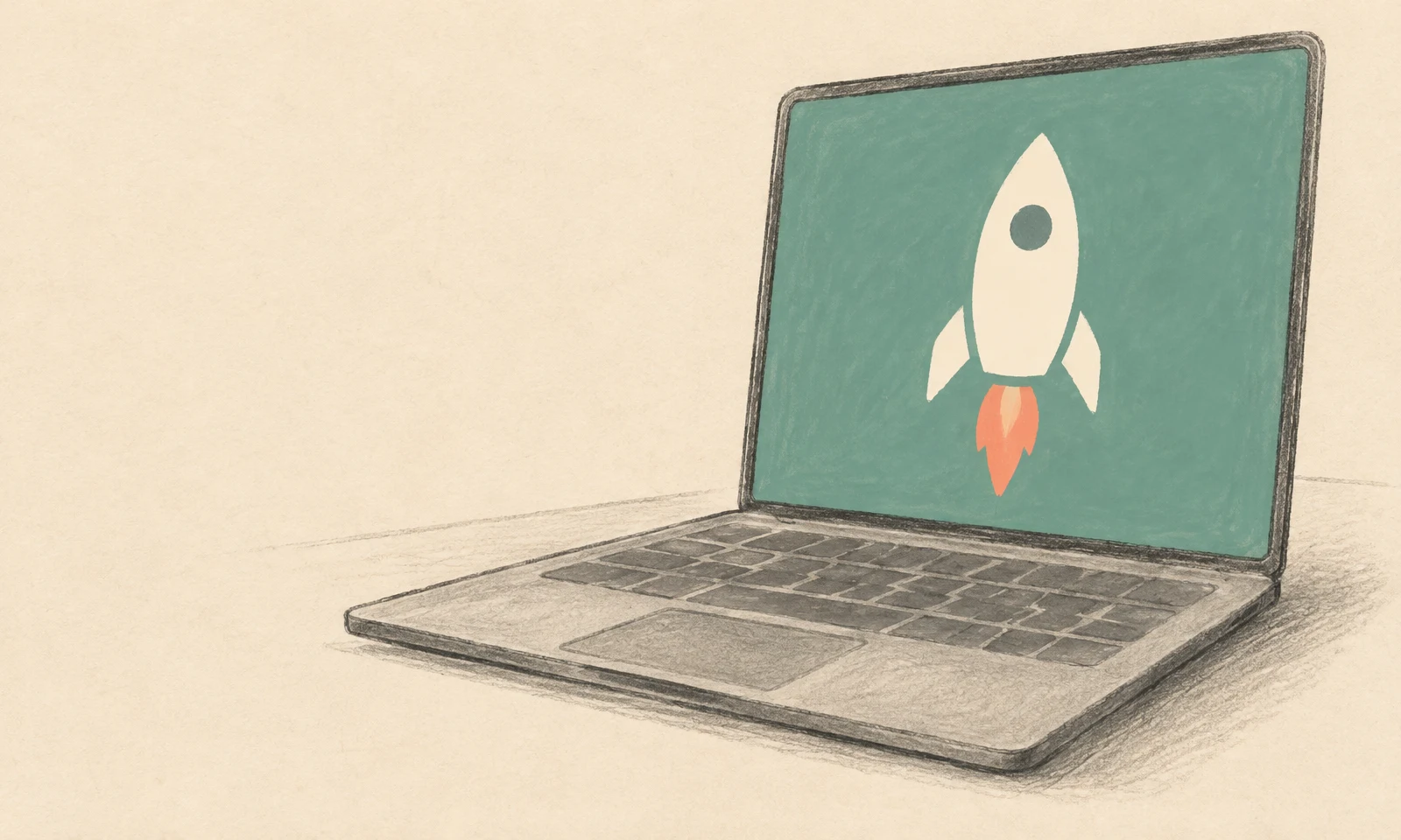 A hand-drawn laptop sits on a lightly sketched tabletop against a warm cream paper background, with a cream rocket and coral flame on its sea-green screen and…