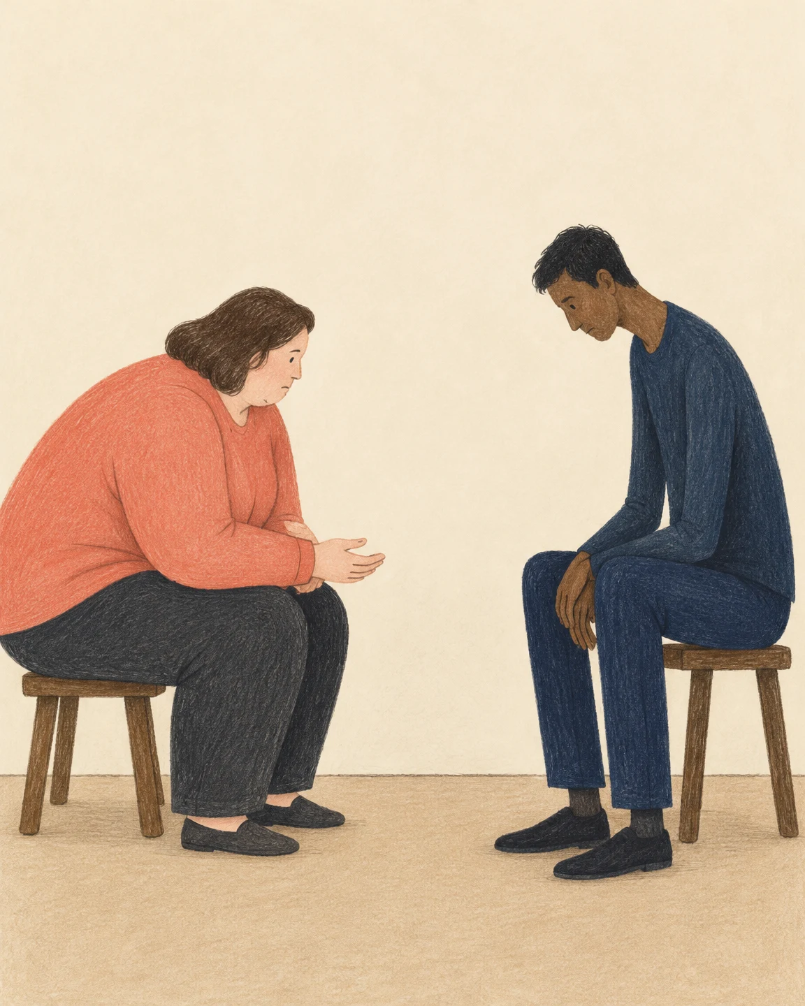 A person in a coral sweater and dark trousers sits leaning forward on a low stool opposite a dark-haired person in navy clothing, who also leans forward with…