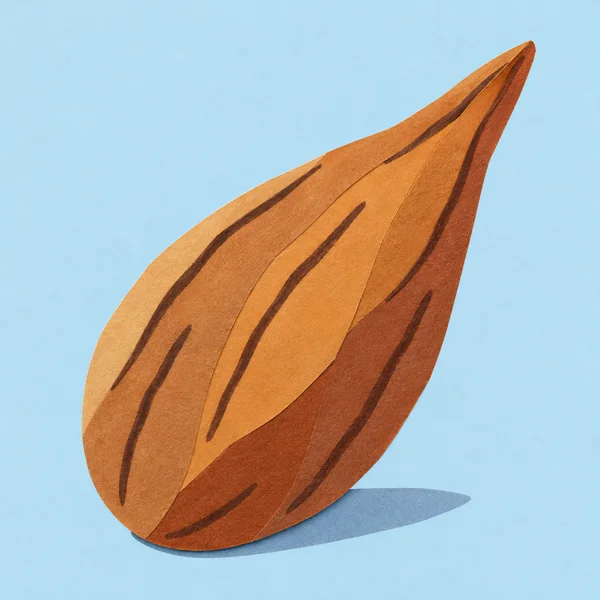 A large, diagonally positioned almond-shaped kernel made from overlapping warm brown paper pieces, with dark marker-like ridges and a cast shadow on a pale…