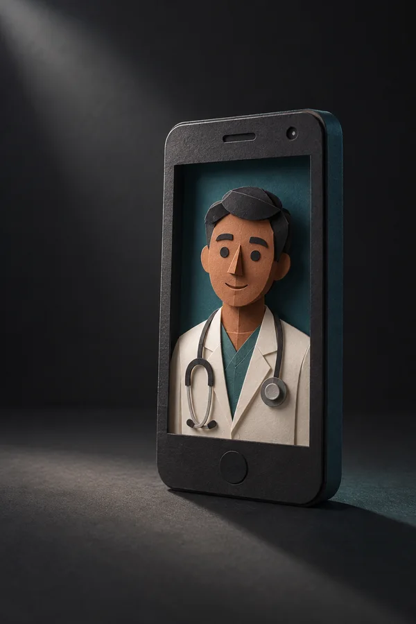 A freestanding charcoal paper smartphone stands on a dark floor against a matching backdrop, with a layered paper clinician in a white coat and stethoscope…