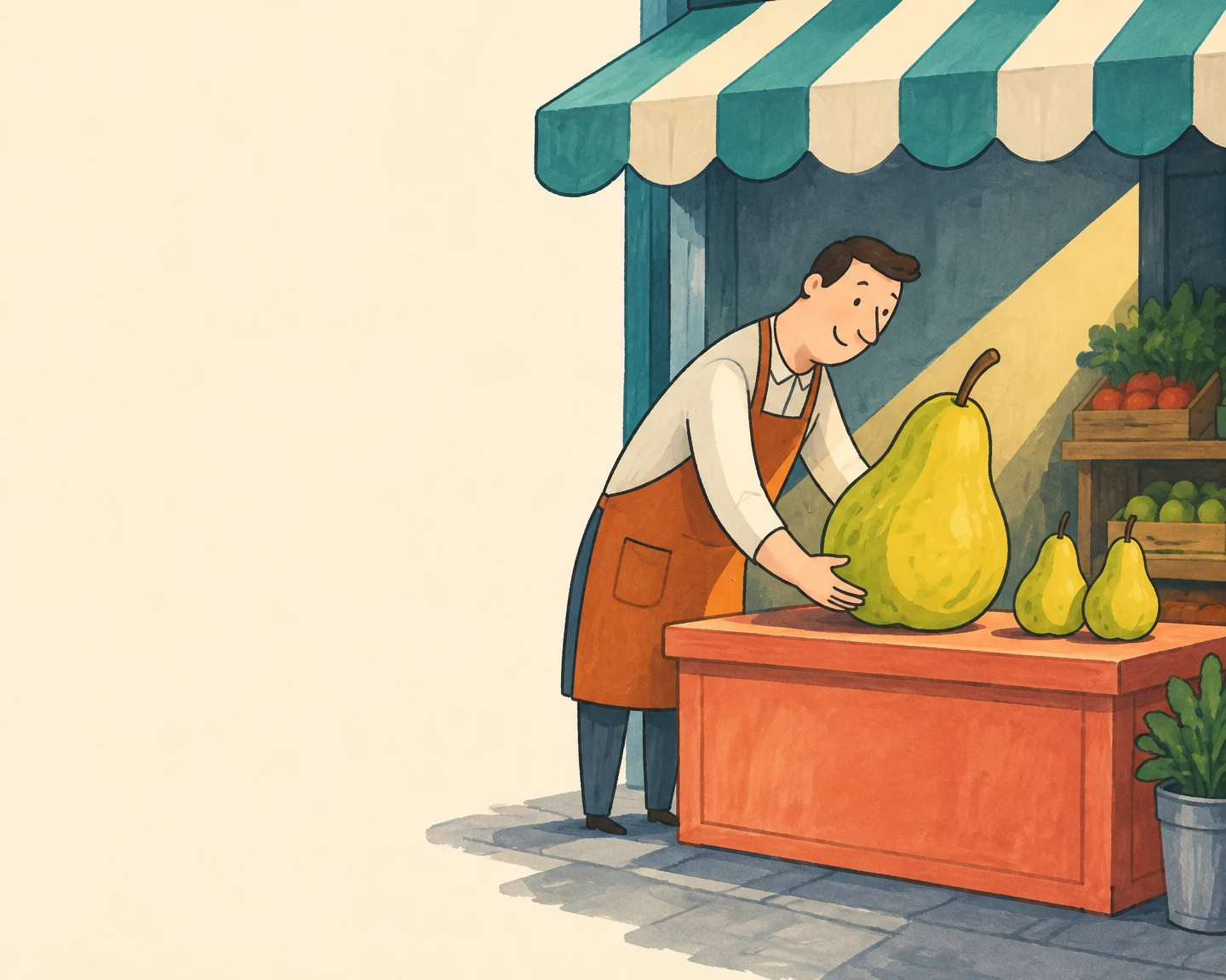 A shopkeeper in a rust-colored apron leans over a coral produce counter, holding an oversized yellow-green pear beside two smaller pears beneath a…