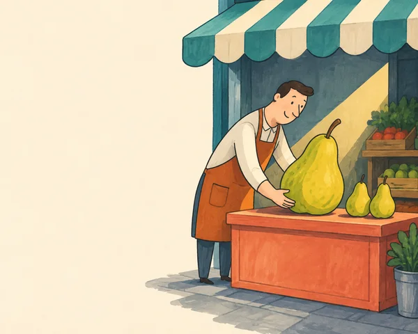 A shopkeeper in a rust-colored apron leans over a coral produce counter, holding an oversized yellow-green pear beside two smaller pears beneath a…