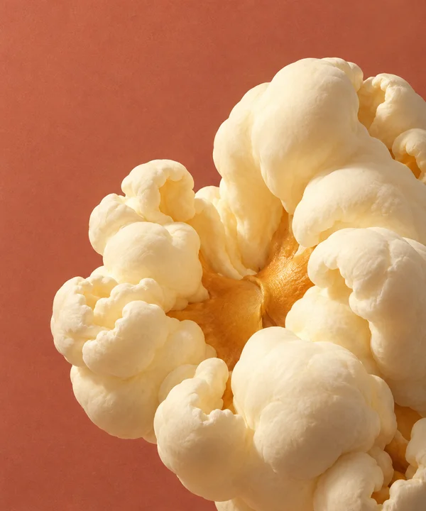 A giant cream-colored popcorn form with rounded lobes and a toasted-gold center fills the lower and right portions of a portrait image, against a faded…