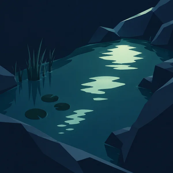 An oblique view of a dark teal pool enclosed by angular navy and blue-green banks, with pale mint reflections, three lily pads, and a cluster of reeds on the…