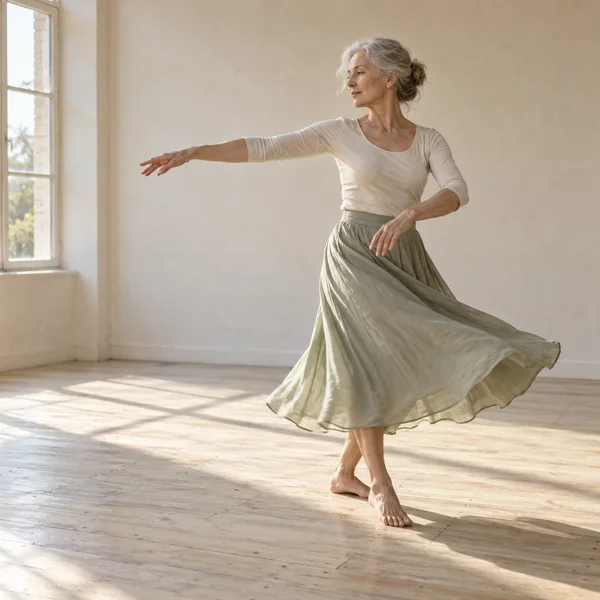 An older woman with loosely pinned silver hair dances barefoot in a sunlit studio, wearing a cream top and a pale sage skirt that sweeps outward.