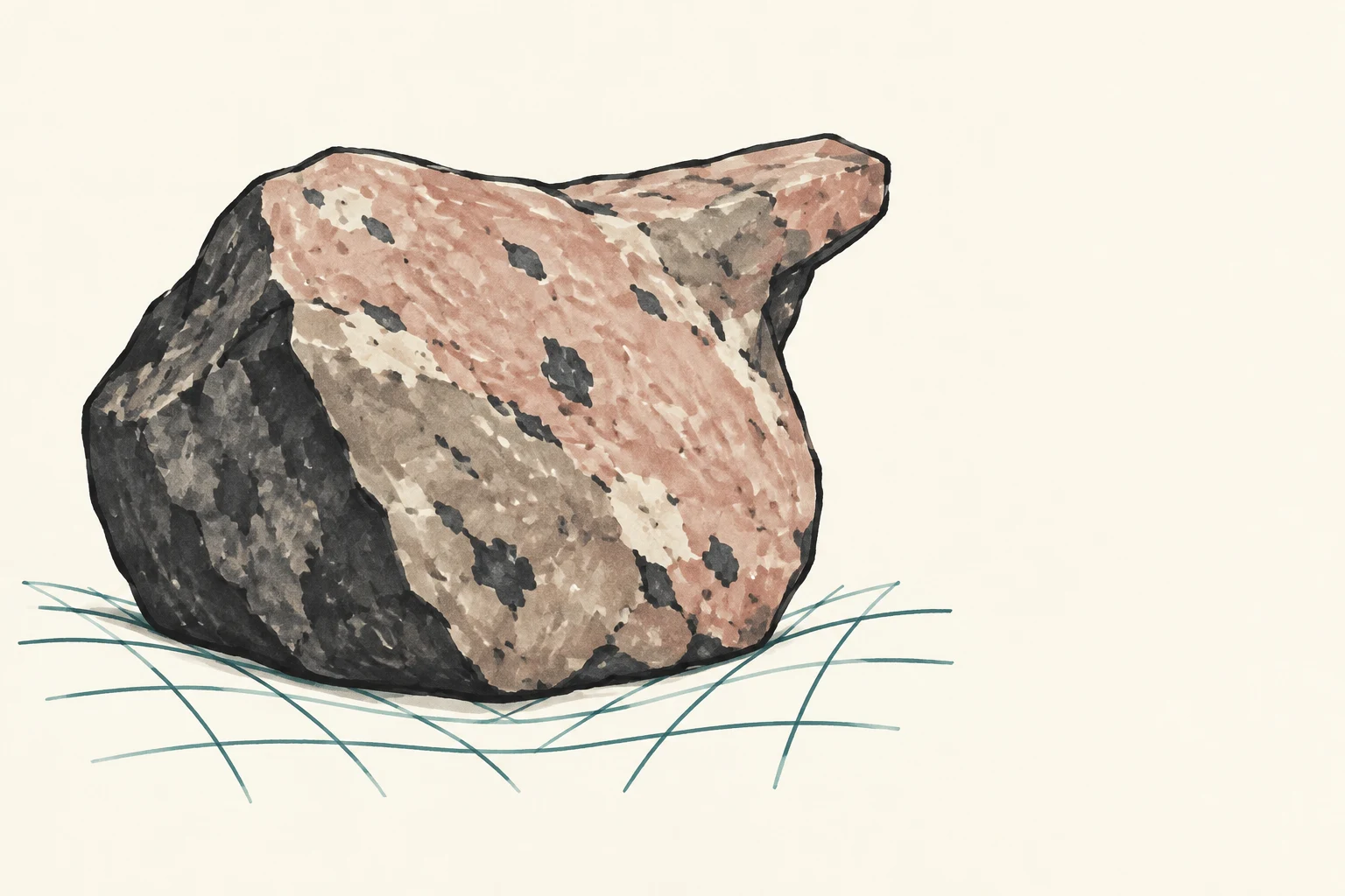 A large angular pink-and-grey boulder with a dark side plane rests over loose teal curved lines on a warm ivory background, leaving open space on the right.