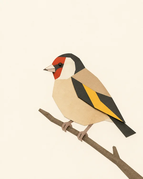A geometric cut-paper goldfinch in left-facing profile perches on a diagonal brown twig against a warm ivory background.