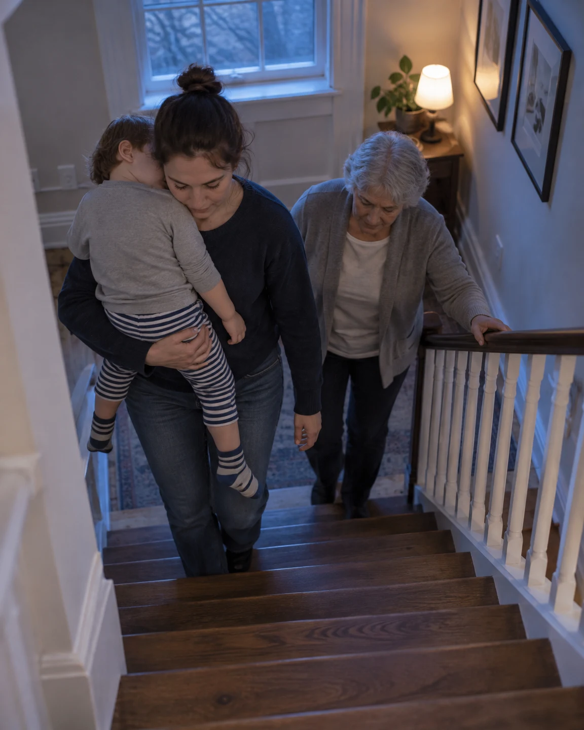 A woman carries a sleeping child up a wooden staircase while an older gray-haired woman follows, holding the railing; striped socks dangle from the child’s…