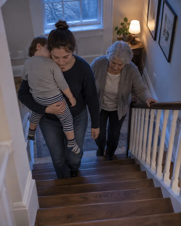 A woman carries a sleeping child up a wooden staircase while an older gray-haired woman follows, holding the railing; striped socks dangle from the child’s…