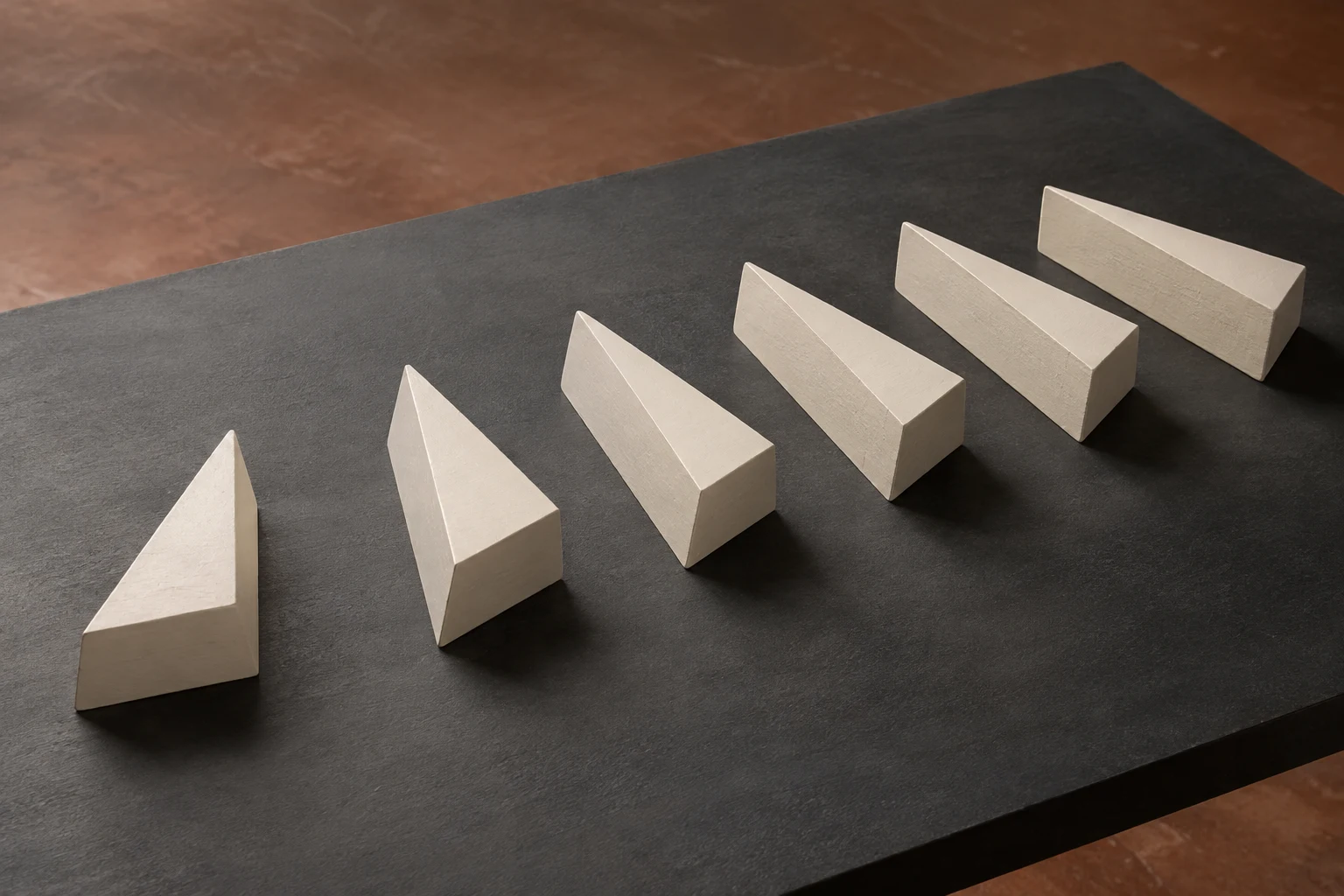 Six ivory triangular prisms rest in a diagonal row on a charcoal tabletop, with a terracotta-colored floor visible around it.