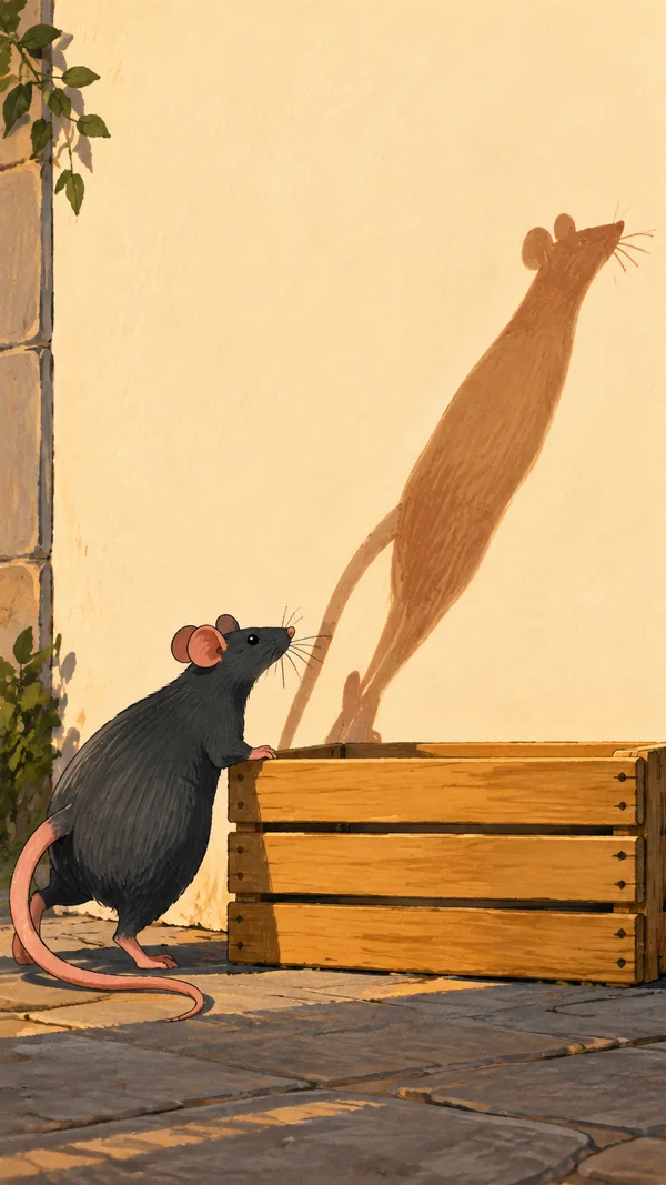A charcoal-gray rat stands beside a three-slat wooden crate, one forepaw on its edge, with its long pink tail curling across the stone paving.