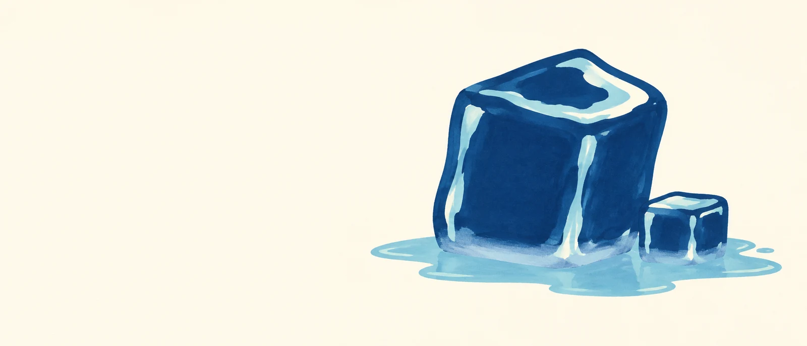 Two dark-blue ice cubes sit in a pale-cyan puddle on a warm ivory background.