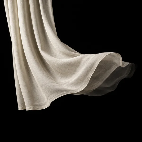 An ivory linen curtain hangs from the top left and billows rightward in a broad wave, with faint overlapping contours along its lifted hem against a black…