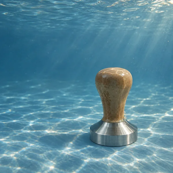 An upright espresso tamper with a mottled tan handle and broad stainless-steel base stands on a blue underwater floor beneath rippling water and bright caustic…