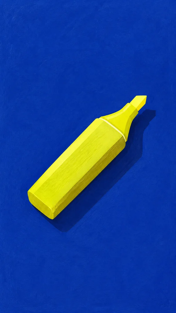 A bright yellow highlighter lies diagonally across a textured ultramarine blue field, with a dark angular shadow extending to the lower right.