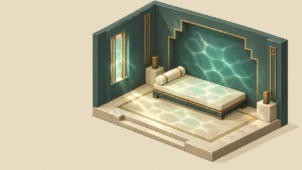 An isometric cutaway resting room sits to the right on a pale sand background, with a cream daybed and cylindrical bolster against deep-teal walls.