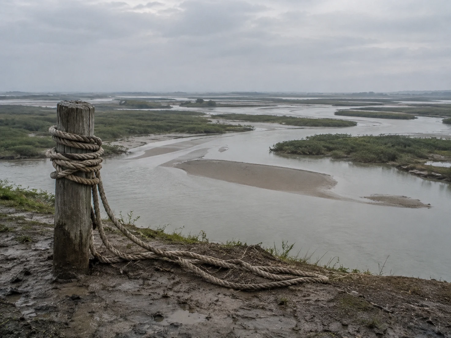 A weathered wooden post wrapped in thick rope stands on a muddy riverbank, with rope lengths lying across the foreground.