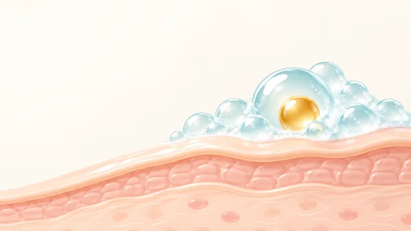A peach-toned skin cutaway curves across the lower half of an ivory background, with glossy aqua bubbles surrounding a golden bead near the center-right.