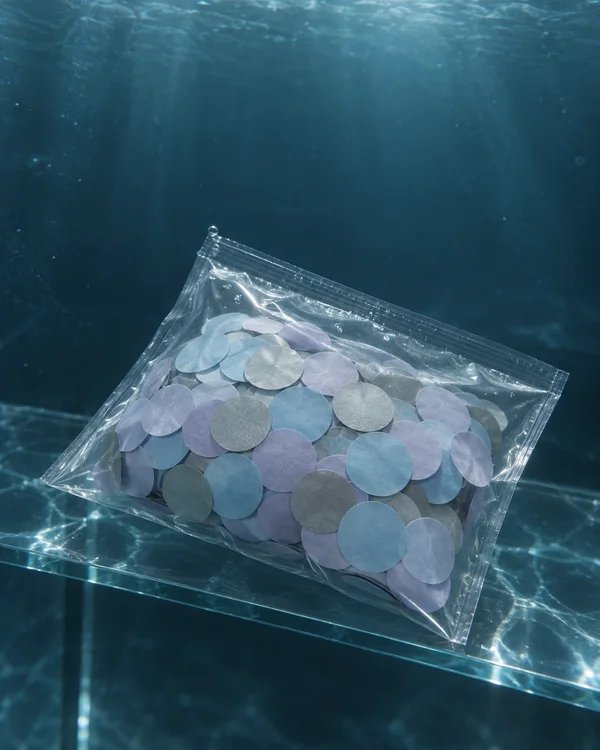 A clear heat-sealed pouch filled with overlapping circular confetti in pale blue, lilac and silver-grey rests diagonally on a glass shelf underwater, against a…