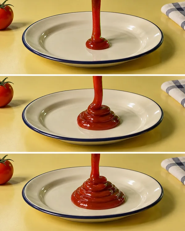 Three horizontal frames show a red sauce stream landing on a cream enamel plate and building into a larger curled mound, against a yellow tabletop.