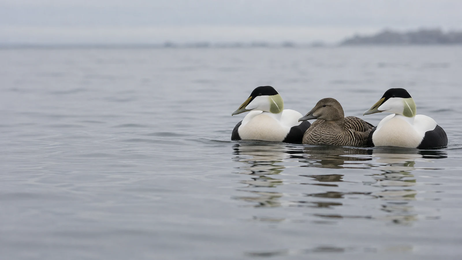Three common eiders—two black-and-white males and a brown barred female—float close together on grey water, with a blurred distant shoreline and broad open…