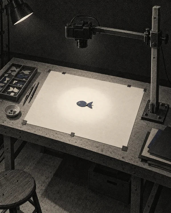 An overhead camera on a horizontal arm faces a small indigo paper fish with a pivoted tail on an ivory sheet, set on a wooden animation workbench with tools…