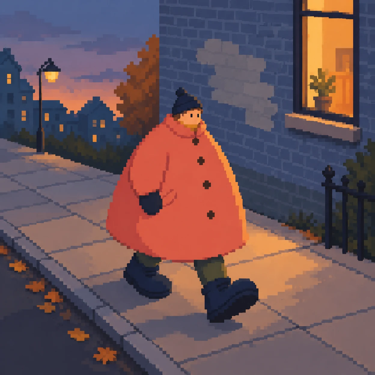 A small-faced pedestrian in an oversized coral coat and dark blue shoes walks along a paved sidewalk beside a blue brick wall with a large pale repair patch…