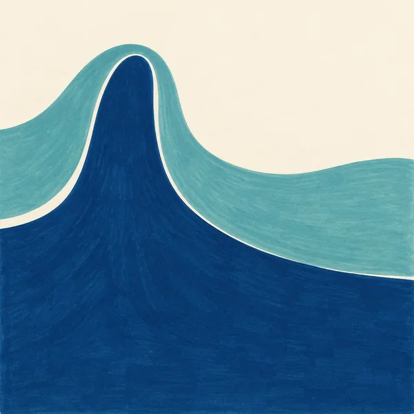 A midnight-blue ocean shape rises from the bottom into a tall rounded crest near the left third, while a faded turquoise band arches around it and sweeps to…