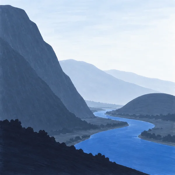 A bright blue river curves through a misty valley between a towering dark slope on the left and a rounded hill on the right, with pale distant ridges and dark…
