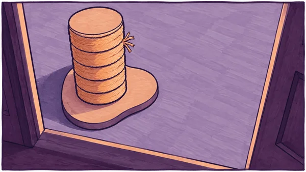 A hand-drawn marker illustration of a peach rope-wrapped scratching post on an oversized bean-shaped base, seen from above through a doorway.