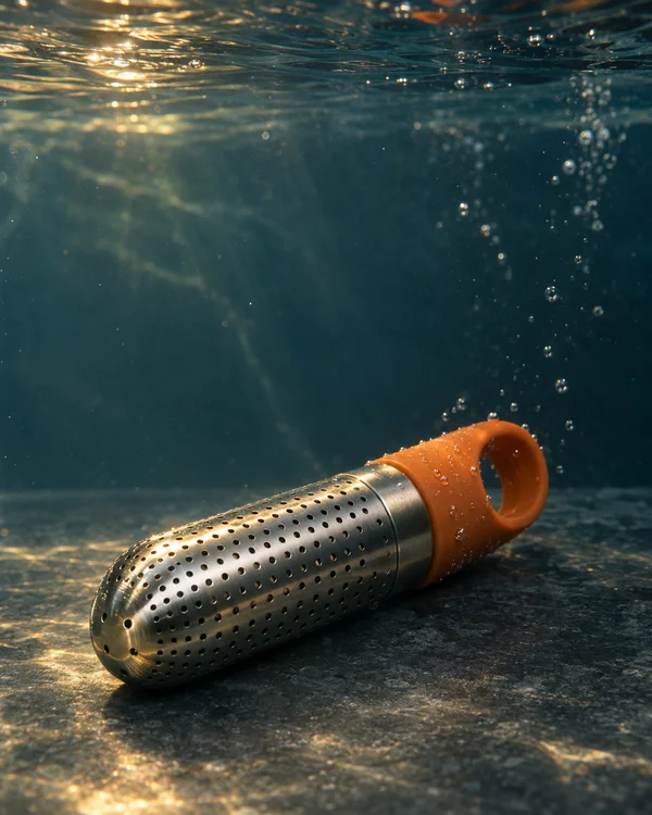 A perforated stainless-steel tea infuser with a burnt-orange silicone loop grip rests diagonally on a dark tank floor underwater, with bubbles rising nearby…