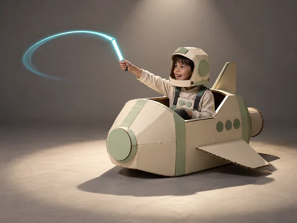 A smiling child in a cardboard space helmet sits in an ivory-and-mint cardboard spacecraft cockpit, holding a glowing cyan wand that leaves a curved light…