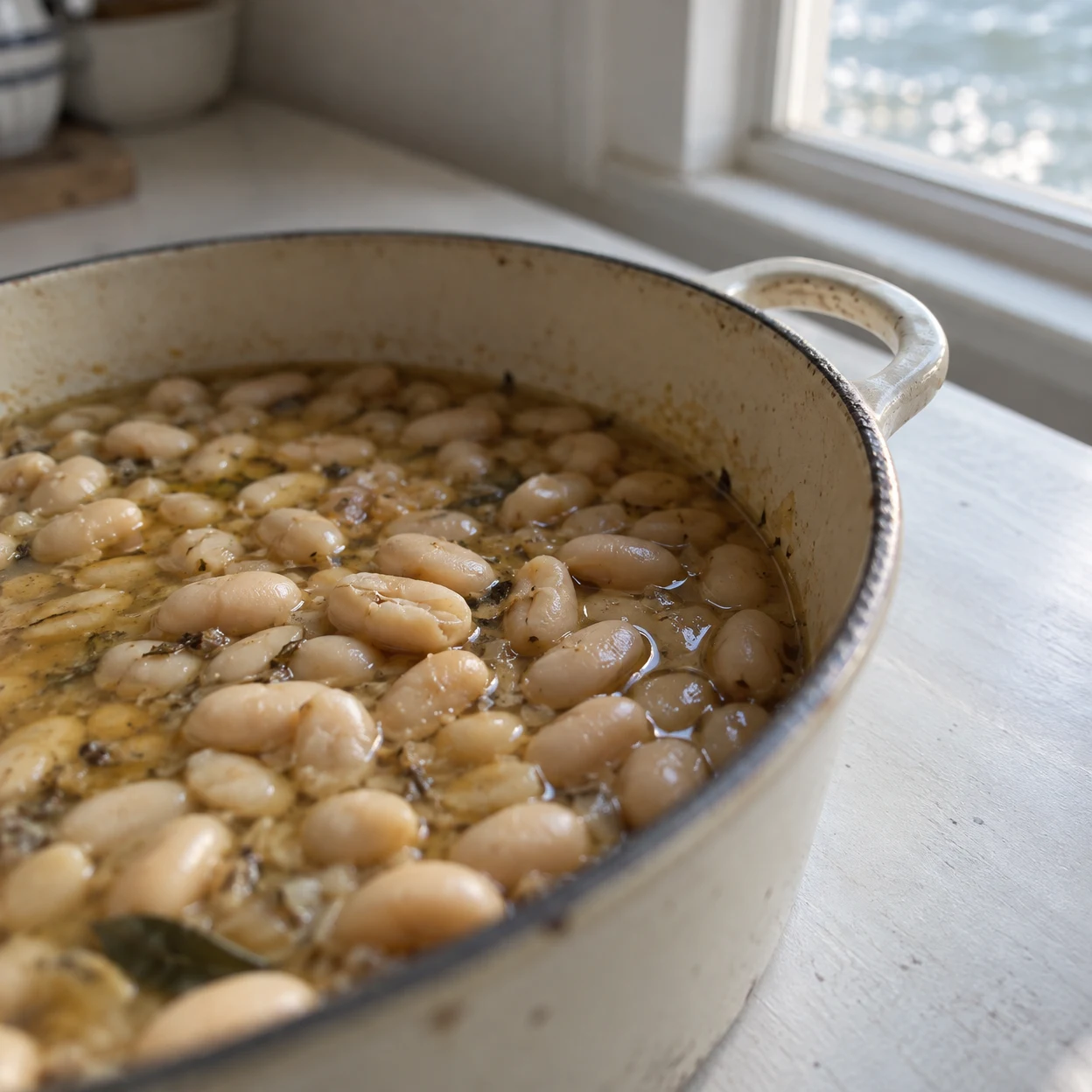 A cream enamel pot filled with ivory beans in golden broth sits on a pale kitchen table beside a bright window; the pot is cropped at the left and lower edges…