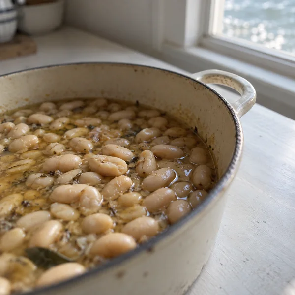 A cream enamel pot filled with ivory beans in golden broth sits on a pale kitchen table beside a bright window; the pot is cropped at the left and lower edges…
