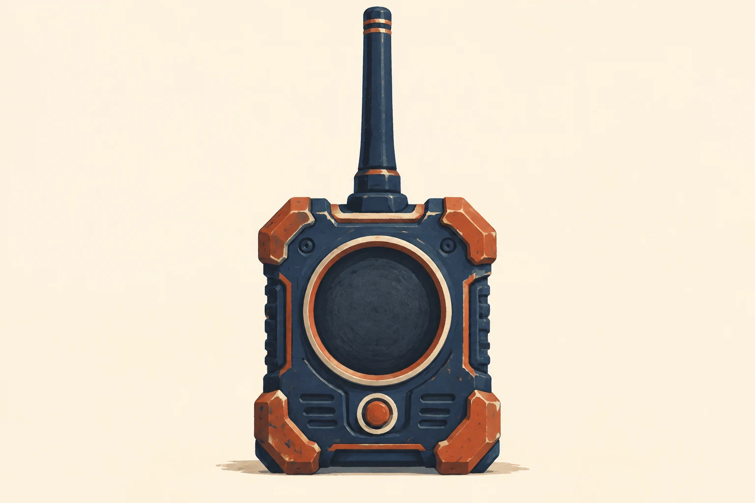 A front-facing, dark navy handheld radio with a very tall antenna, a large circular speaker, a small round orange control, and chunky terracotta corner guards…
