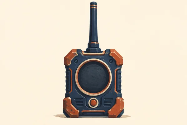 A front-facing, dark navy handheld radio with a very tall antenna, a large circular speaker, a small round orange control, and chunky terracotta corner guards…