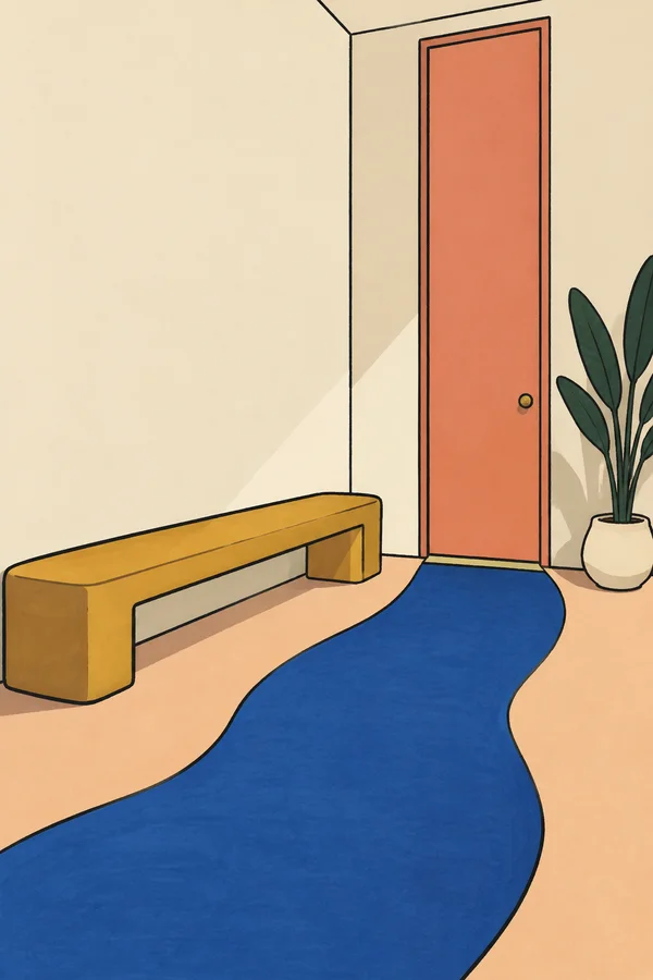 A stylized home entryway with a tall coral door, a long ochre bench, and a winding cobalt-blue runner on a pale peach floor; a potted leafy plant stands beside…
