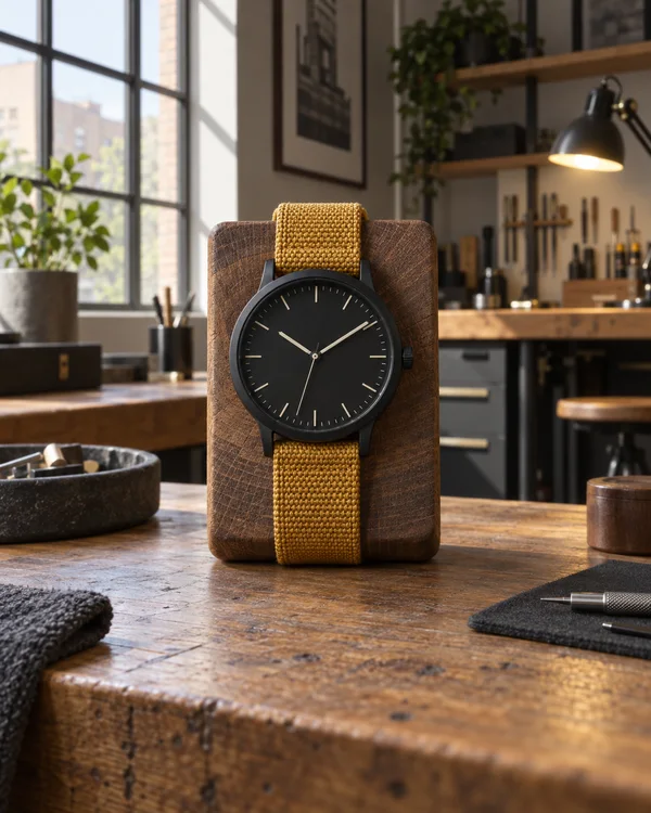 A black wristwatch with an ivory-marked dial and saffron woven strap is displayed vertically on a square hardwood holder on a workshop bench, with a large…