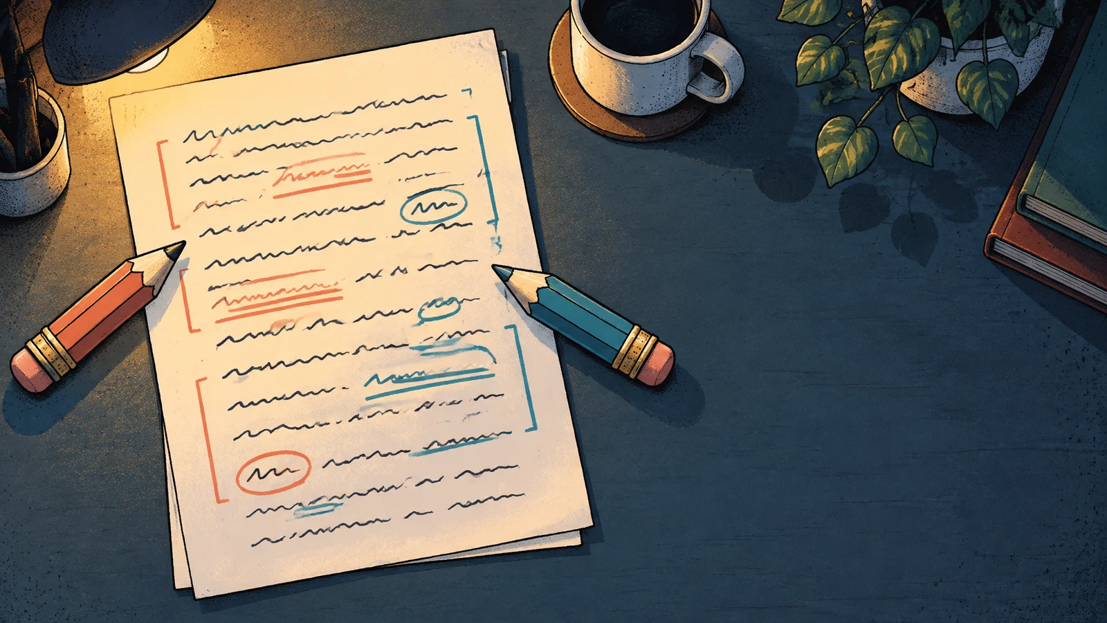 A hand-drawn overhead illustration of an ivory manuscript marked with loose scribbles, coral and teal correction marks, and two oversized pencils on a dark…