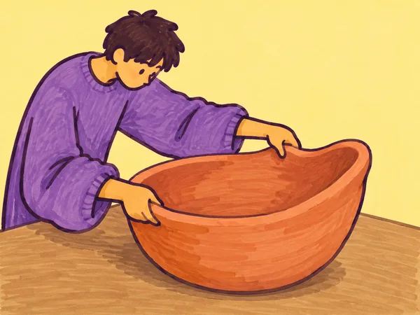 A dark-haired teenager in a roomy violet top leans over a large terracotta bowl, pressing its rim with both hands on a textured brown tabletop against a pale…
