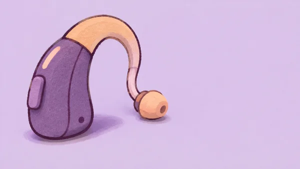 A stylized violet behind-the-ear hearing aid with an oversized peach earhook and rounded earpiece rests on a pale lavender surface, leaving open space to the…