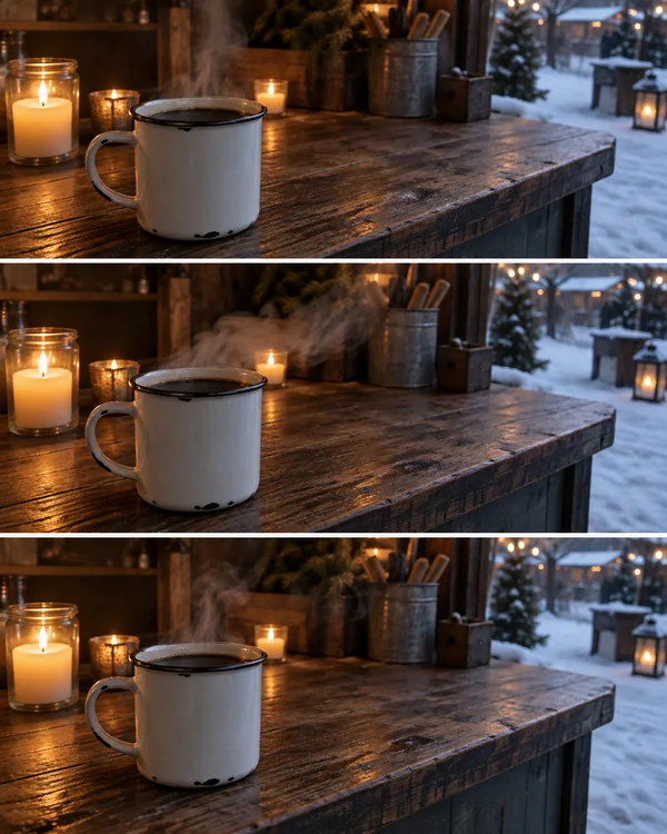 Three horizontal photographs show a chipped white enamel cup of black coffee on a worn wooden counter inside a candlelit winter-market stall, with snow and a…