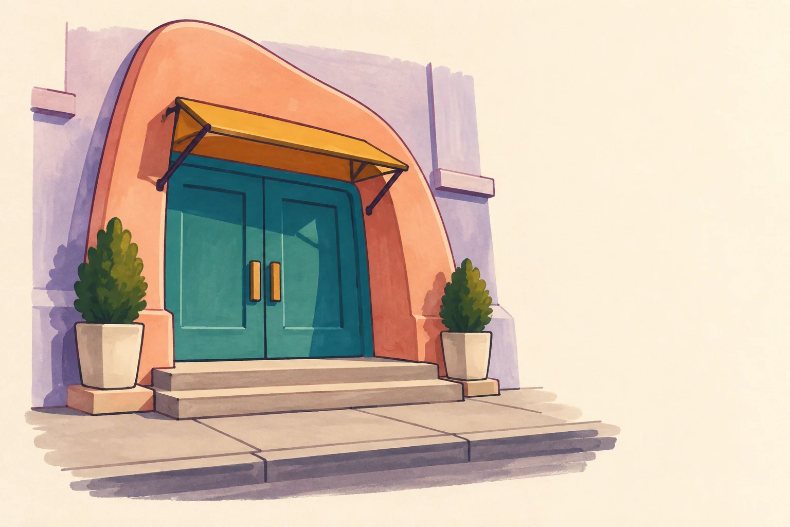 A stylized city entrance with broad teal double doors beneath a large asymmetrical peach arch and mustard canopy.