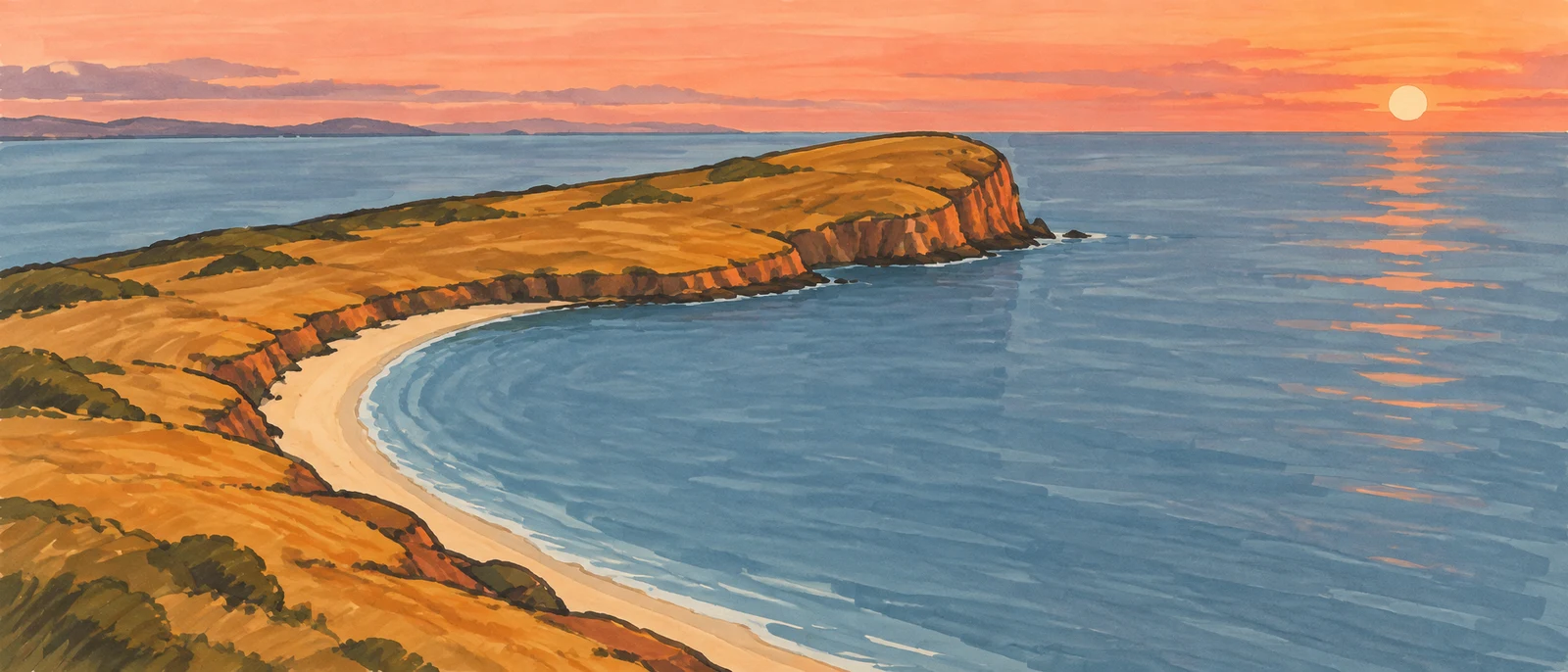 A broad ochre headland curves around a cream crescent beach and blue bay, with open water, distant landforms and a setting sun beneath a peach-orange sky.