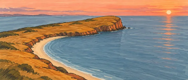 A broad ochre headland curves around a cream crescent beach and blue bay, with open water, distant landforms and a setting sun beneath a peach-orange sky.