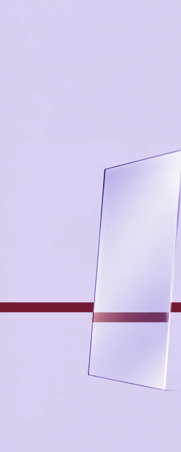 A pale lavender field with a horizontal burgundy stripe crossing the lower portion; a large tilted transparent rectangular pane enters from the right and…