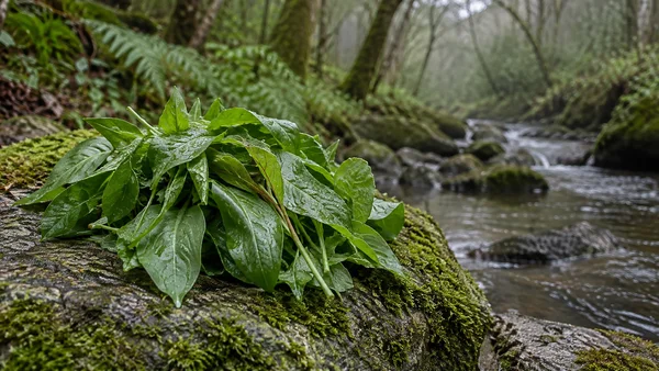 A loose heap of glossy green leaves covered in water droplets rests on a moss-covered stone beside a shallow woodland stream, with blurred ferns and trees…