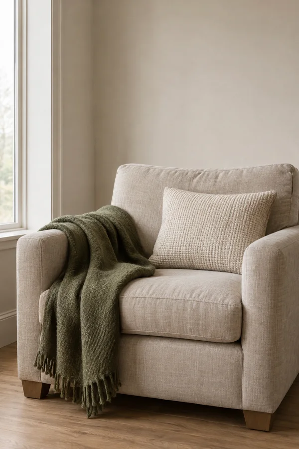 An oatmeal upholstered armchair in a quiet reading corner, with a moss-green throw draped over one arm and an ivory woven cushion against the back.